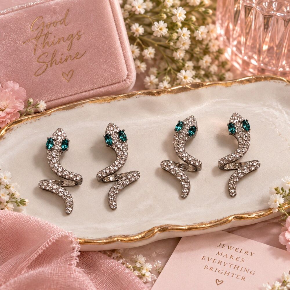 2 Pairs Snake Stud Earrings, Silver Tone Rhinestone Green Eye Serpent Jewelry